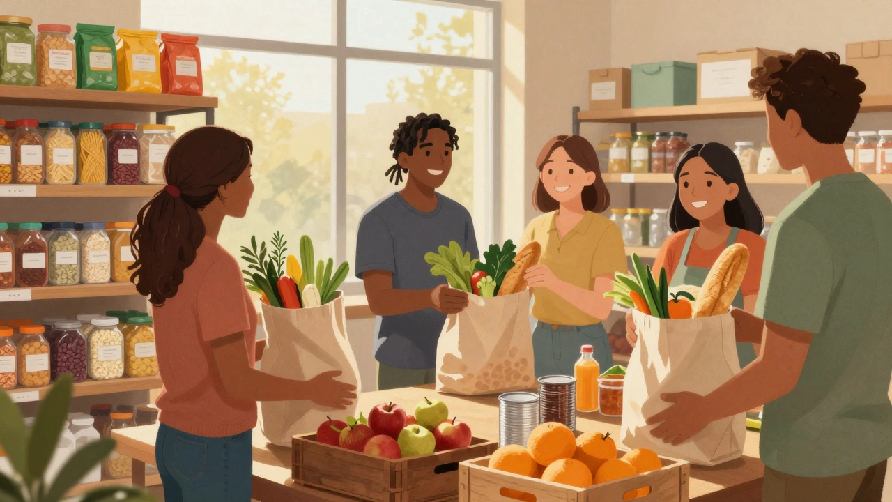 Volunteers distributing food at a community pantry