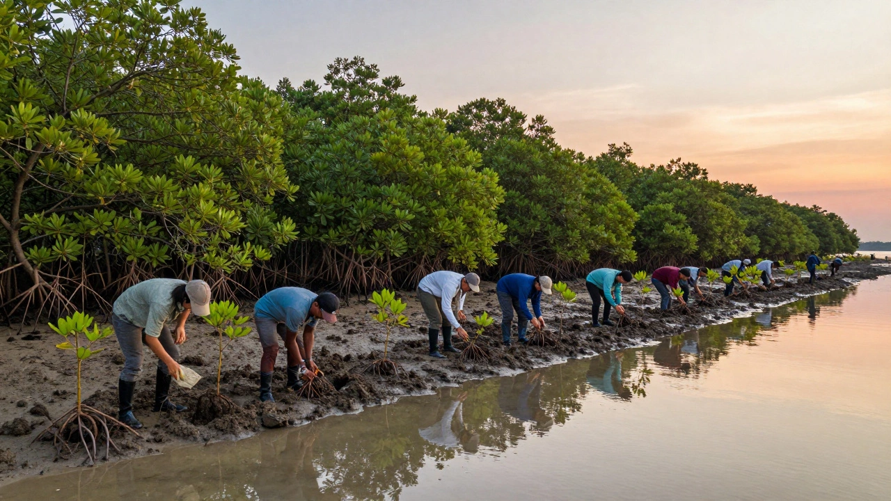Volunteers planting mangroves in restored coastal wetland at sunset