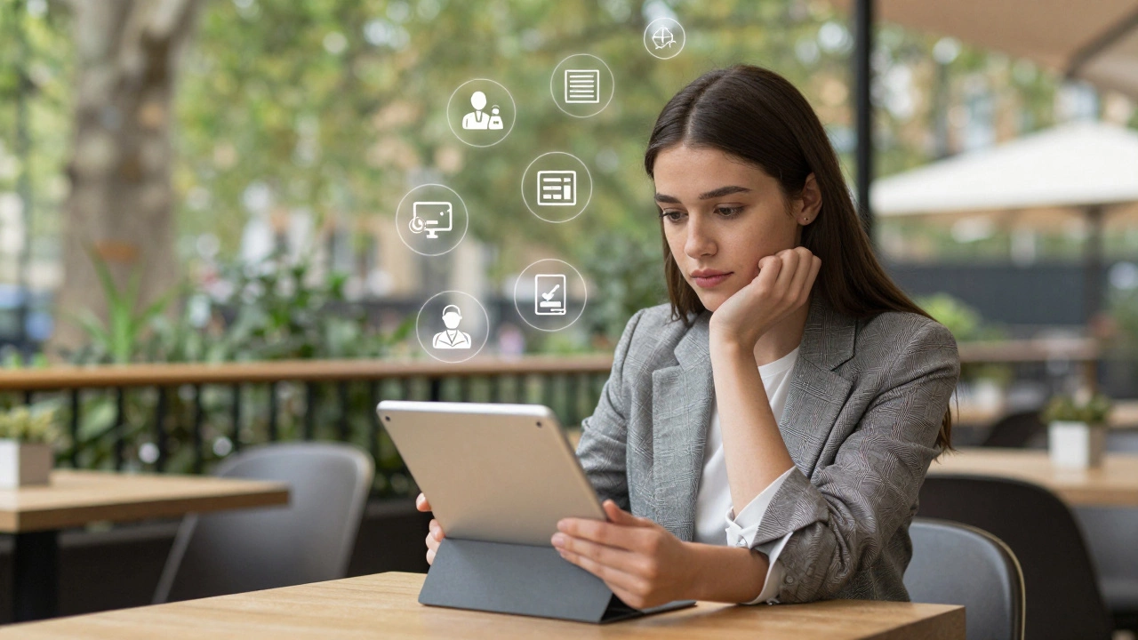 Woman reviewing volunteer portfolio in a cafe, symbolizing career skill growth