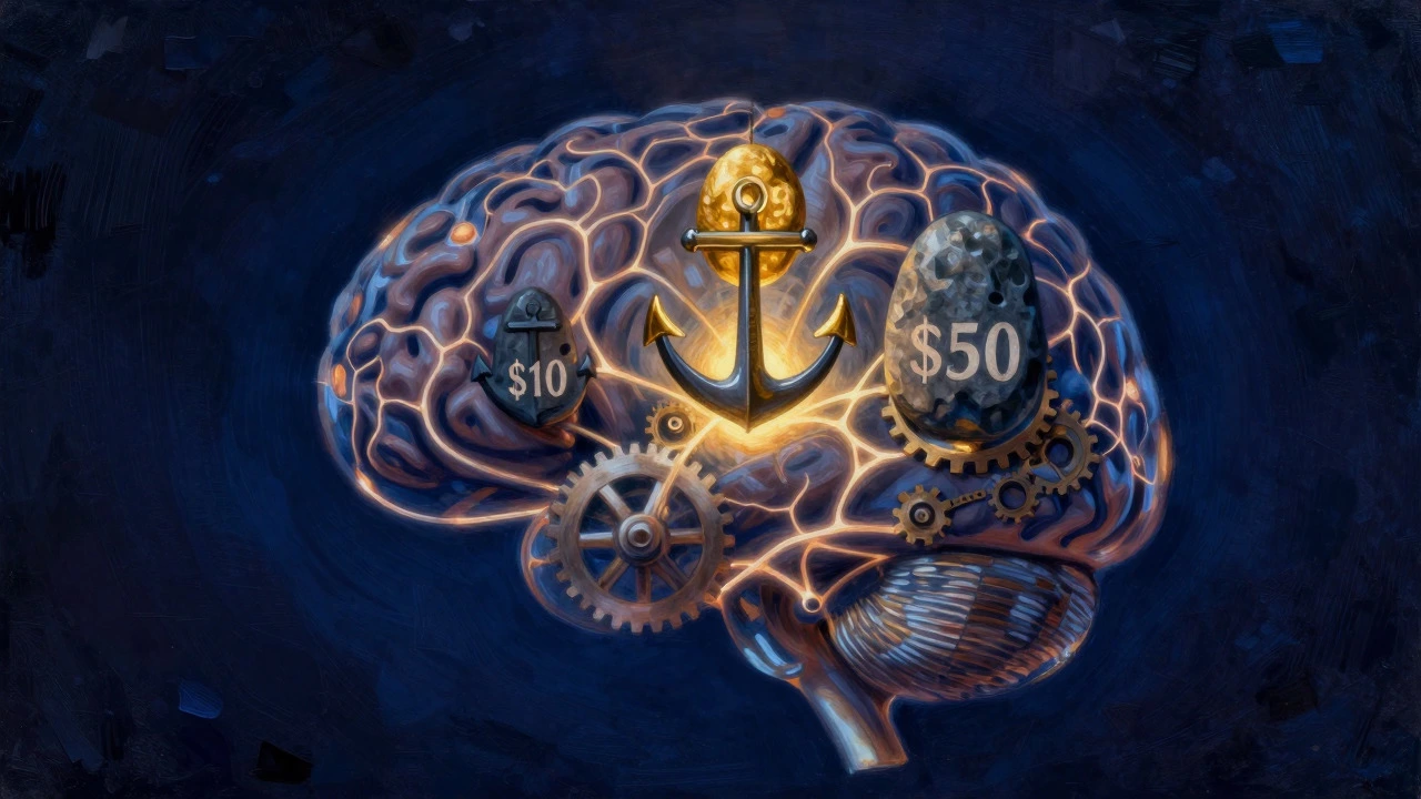 Abstract brain visualization showing anchoring effect with numbers