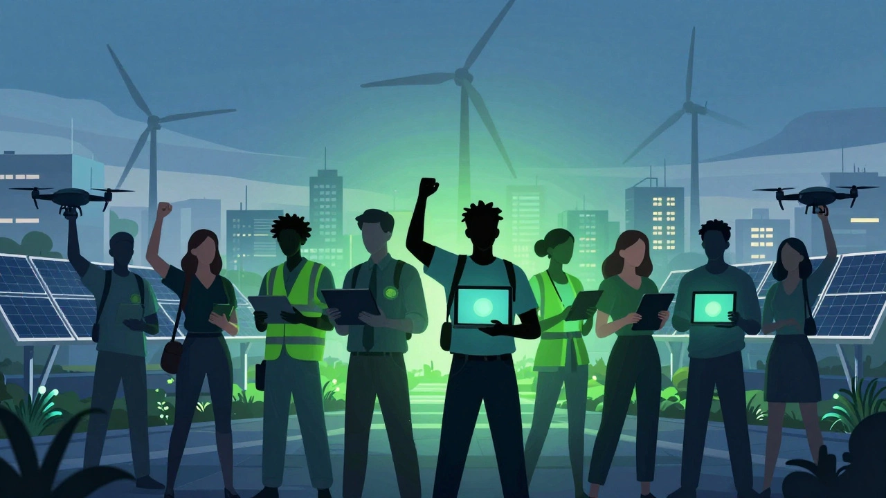 Activists using tech and renewables symbolizing environmental advocacy shift