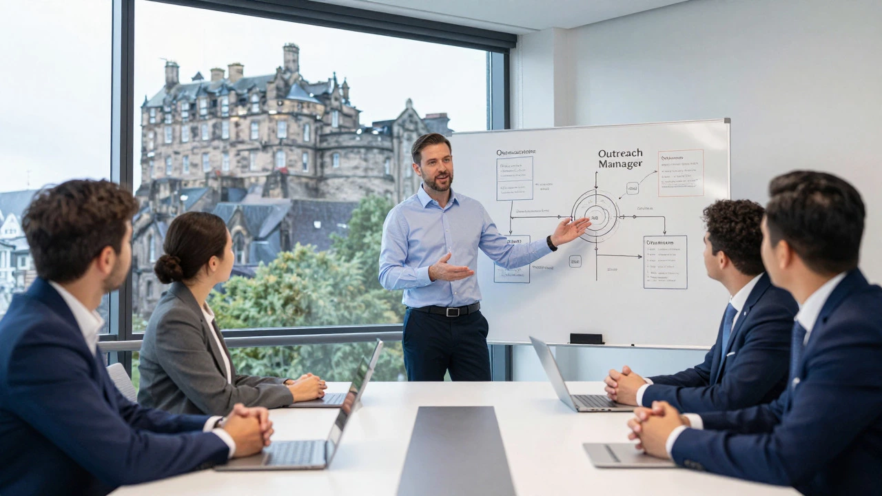 An outreach manager leading a strategic planning meeting in an office.