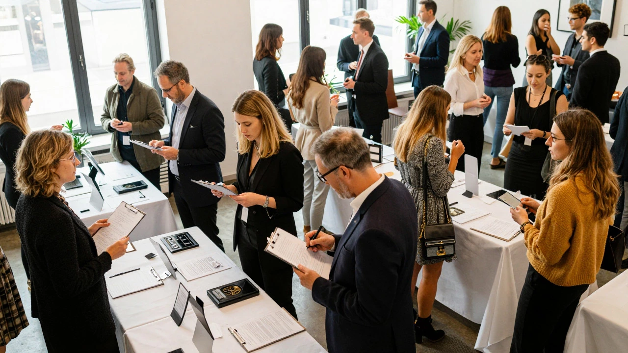 Attendees actively bidding and networking at a silent auction table.
