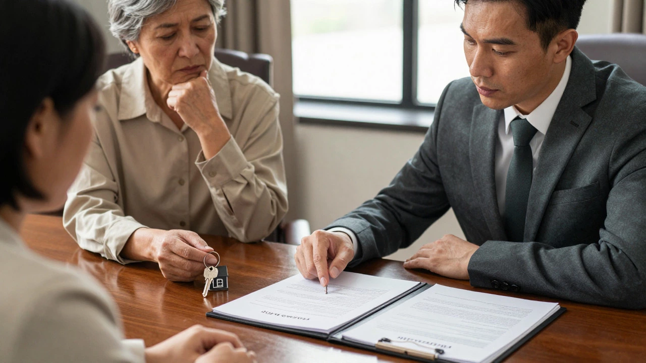 Attorney reviewing trust documents with couple holding house keys