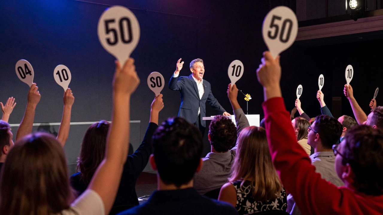 Audience raising numbered paddles during an energetic live charity auction
