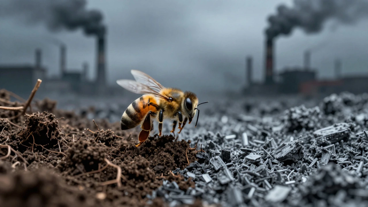 Bee hovering over polluted soil with industrial background
