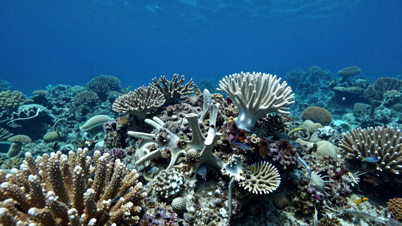 Bleached white coral reef underwater illustrating ocean acidification crisis