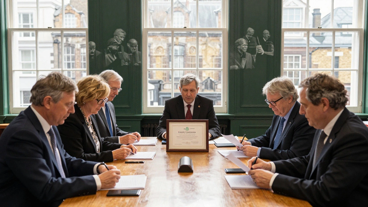 Charity trustees meeting in a sunlit UK office with symbols of generational continuity.