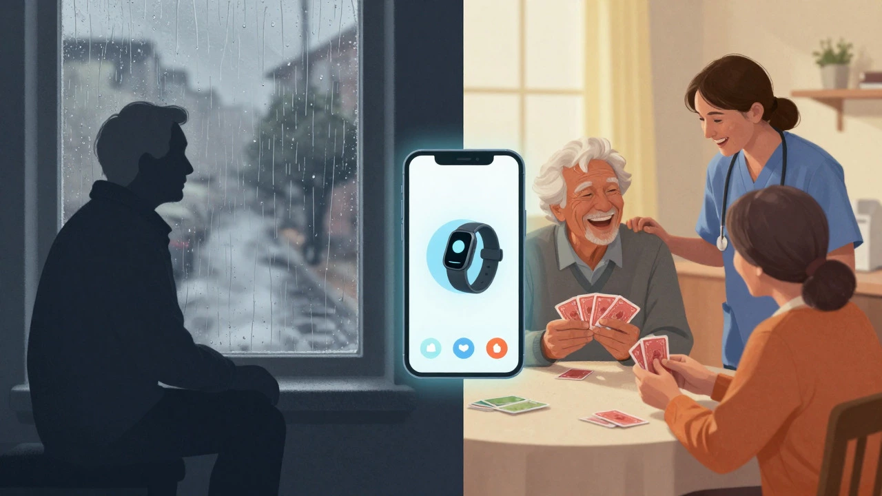 Contrast between lonely senior and connected senior aided by tech and caregivers