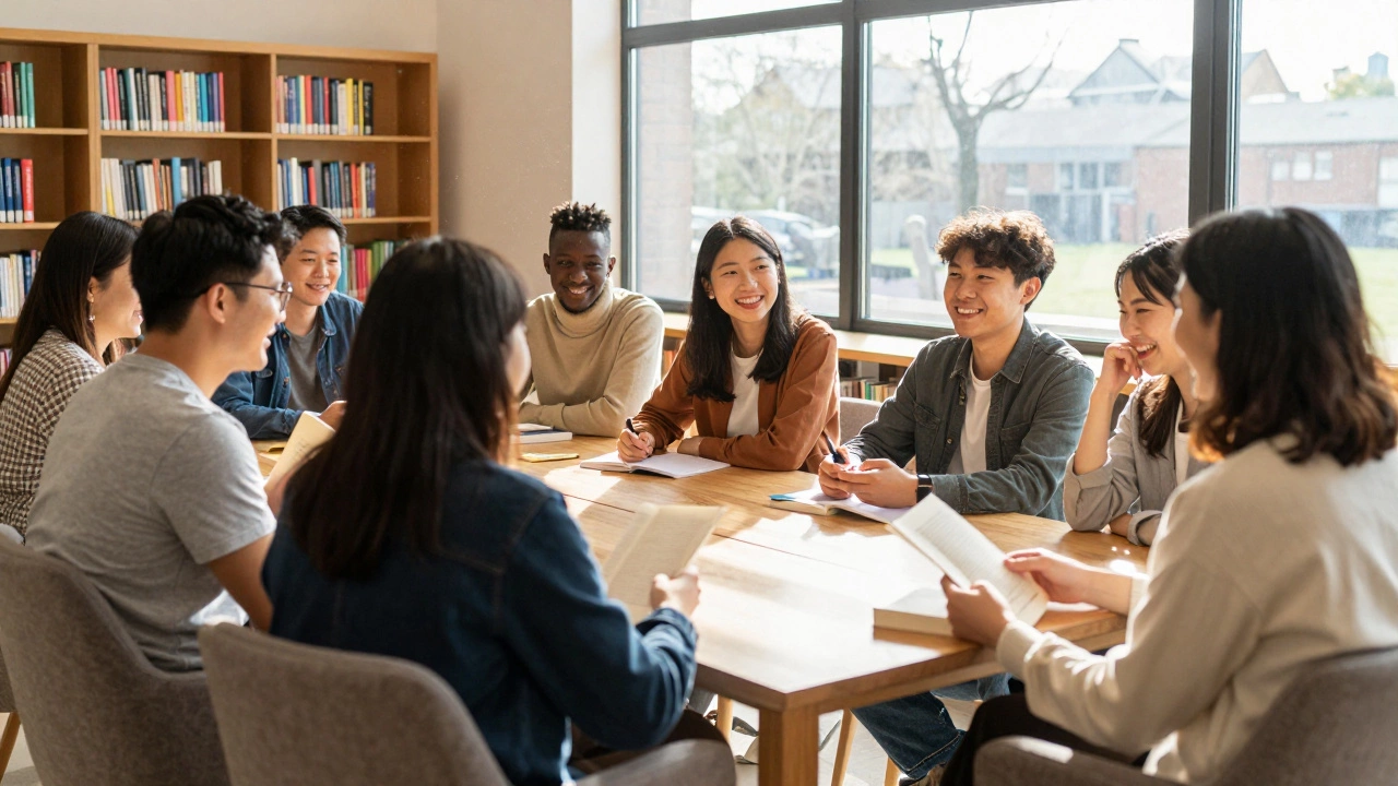Diverse group chatting warmly at a library book club