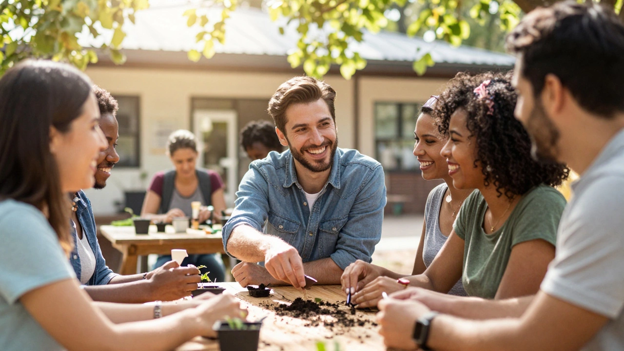 Diverse group connecting and gardening in supportive community
