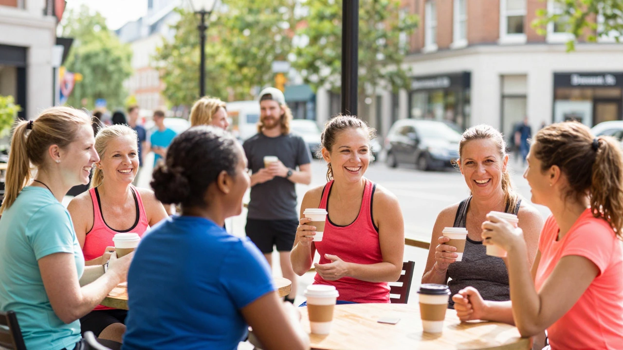 Diverse group of runners socializing happily at an outdoor cafe after exercise