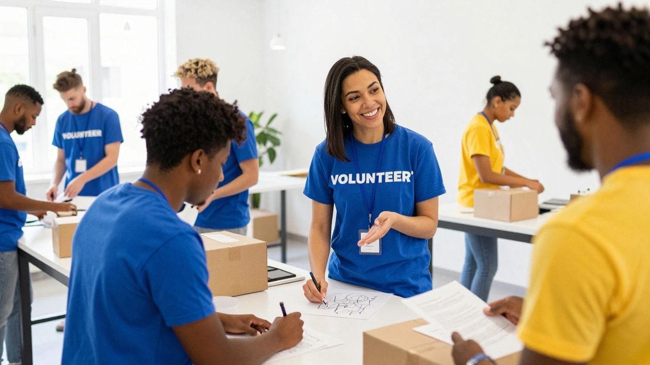 Diverse team of volunteers collaborating in a bright office