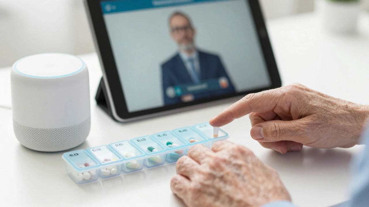 Elderly hands near pill organizer and smart speaker with caregiver assistance