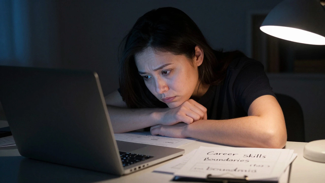 Exhausted volunteer reviewing notes at a desk at night