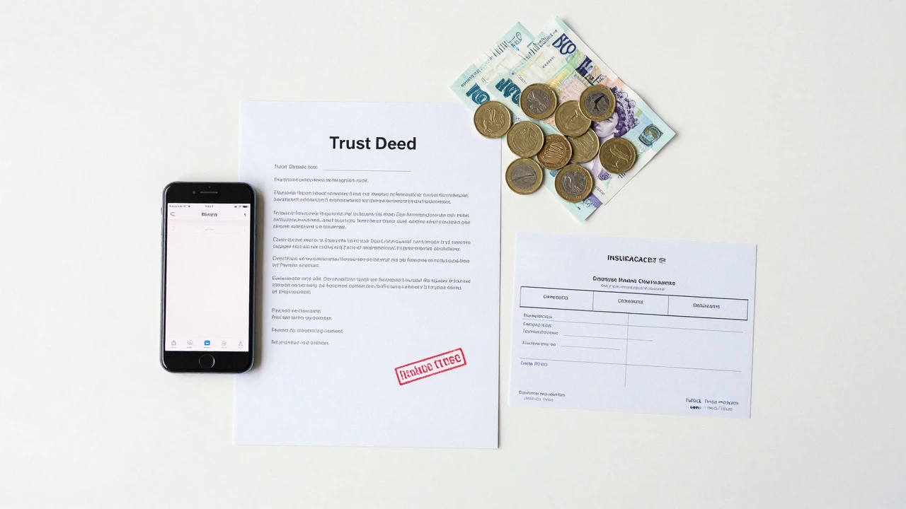 Flat lay of trust deed, phone, and small cash pile showing low startup costs.