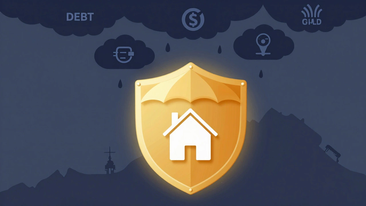Golden shield protecting a house from storm clouds, symbolizing aid