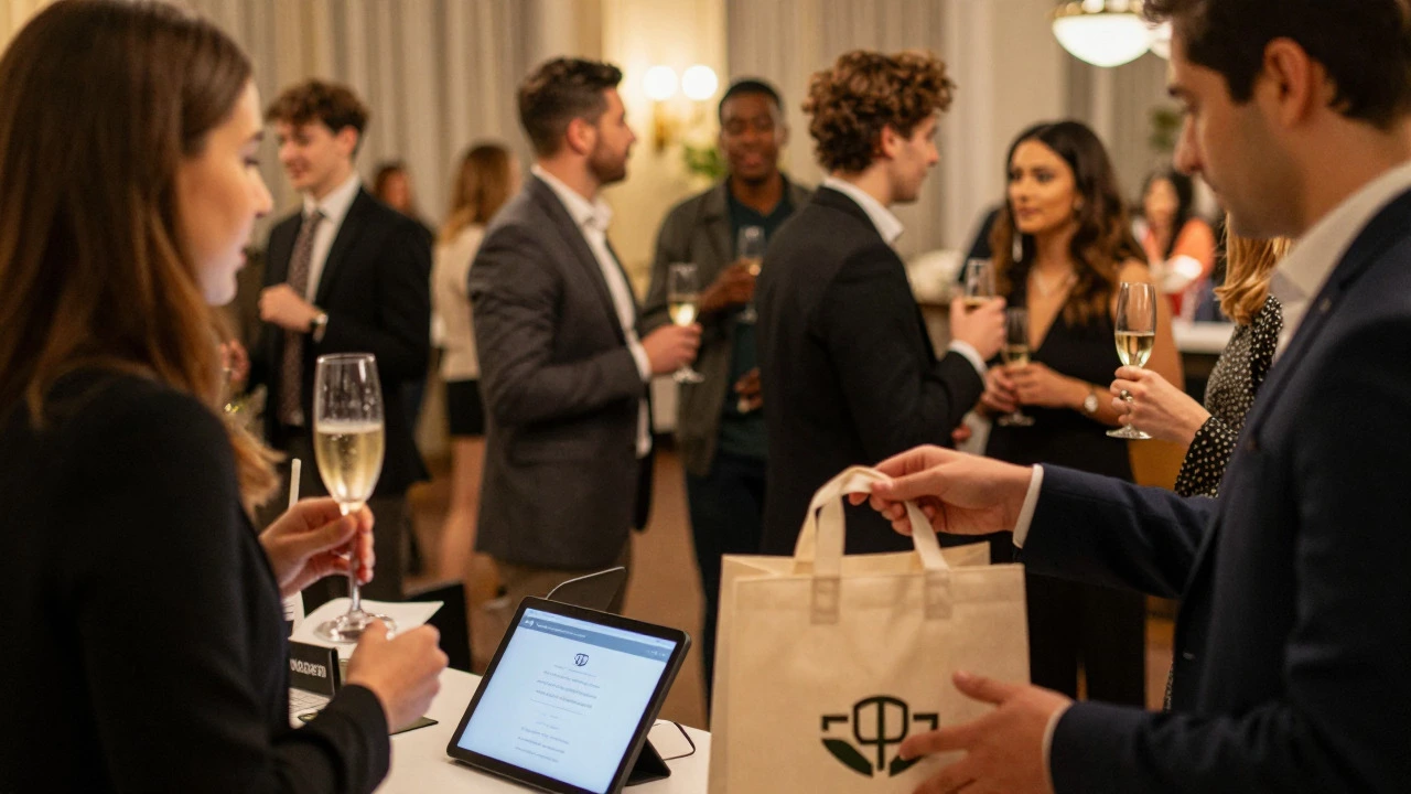 Guests mingling and registering at a charity event reception with drinks