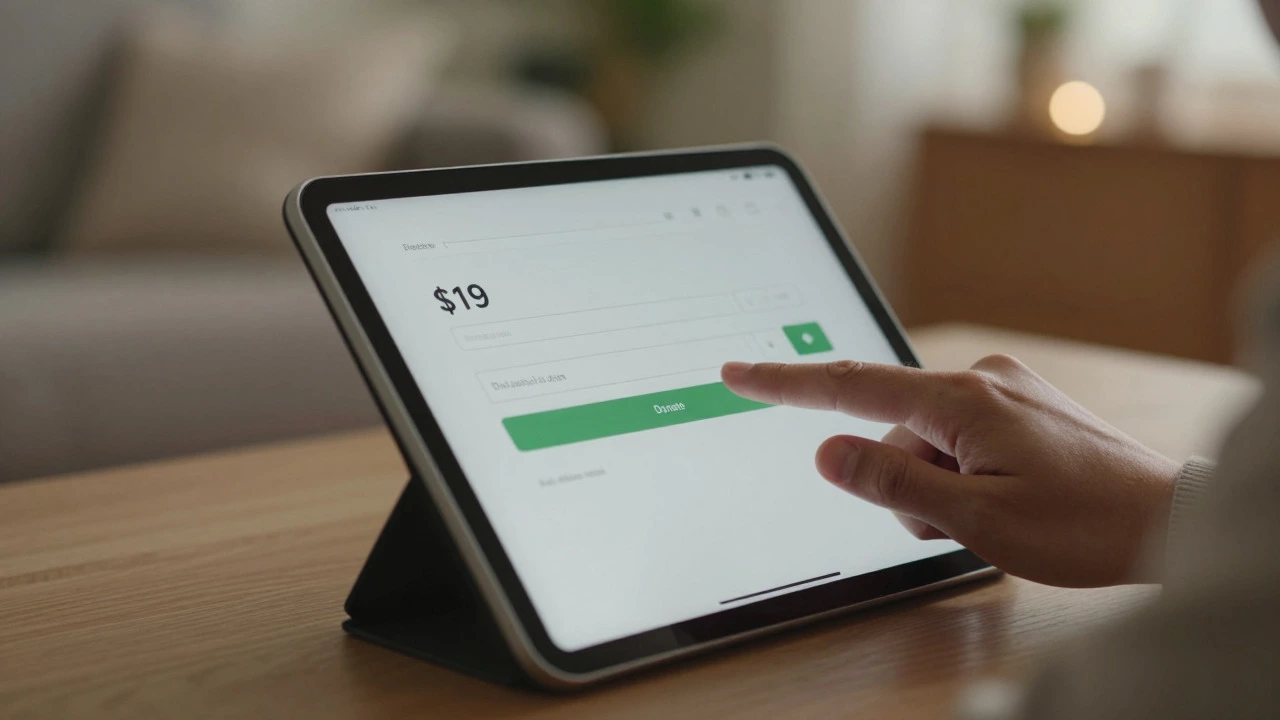 Hand hovering over tablet screen with pre-filled  donation