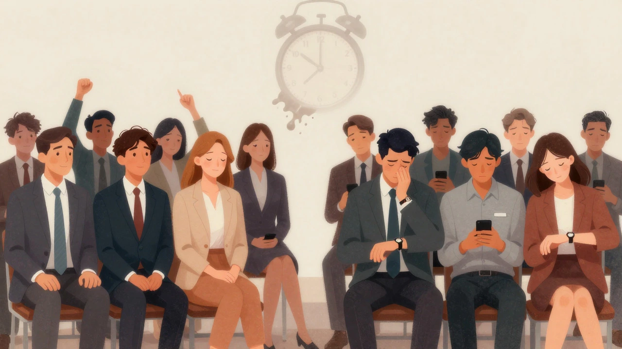 Illustration contrasting engaged donors with fatigued guests checking watches.