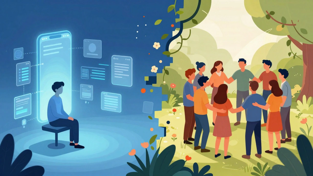 Illustration contrasting lonely digital user with happy group in physical community