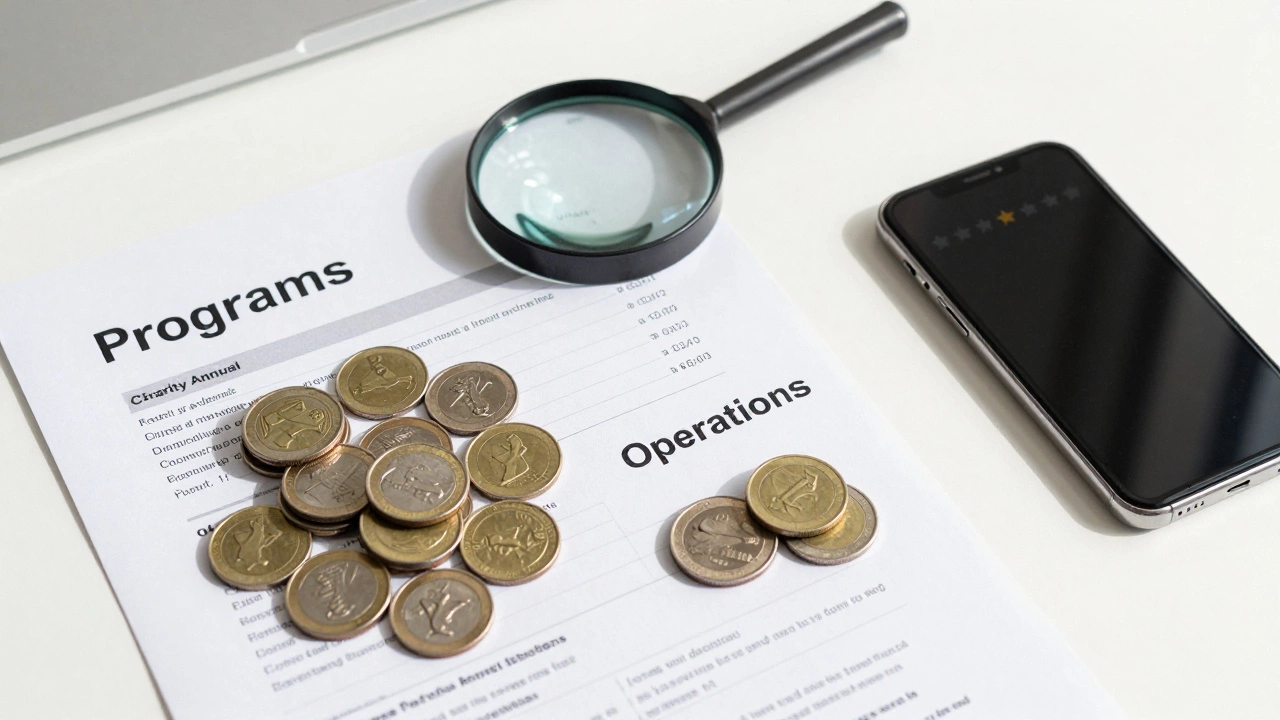Magnifying glass over financial documents and coins illustrating charity transparency.