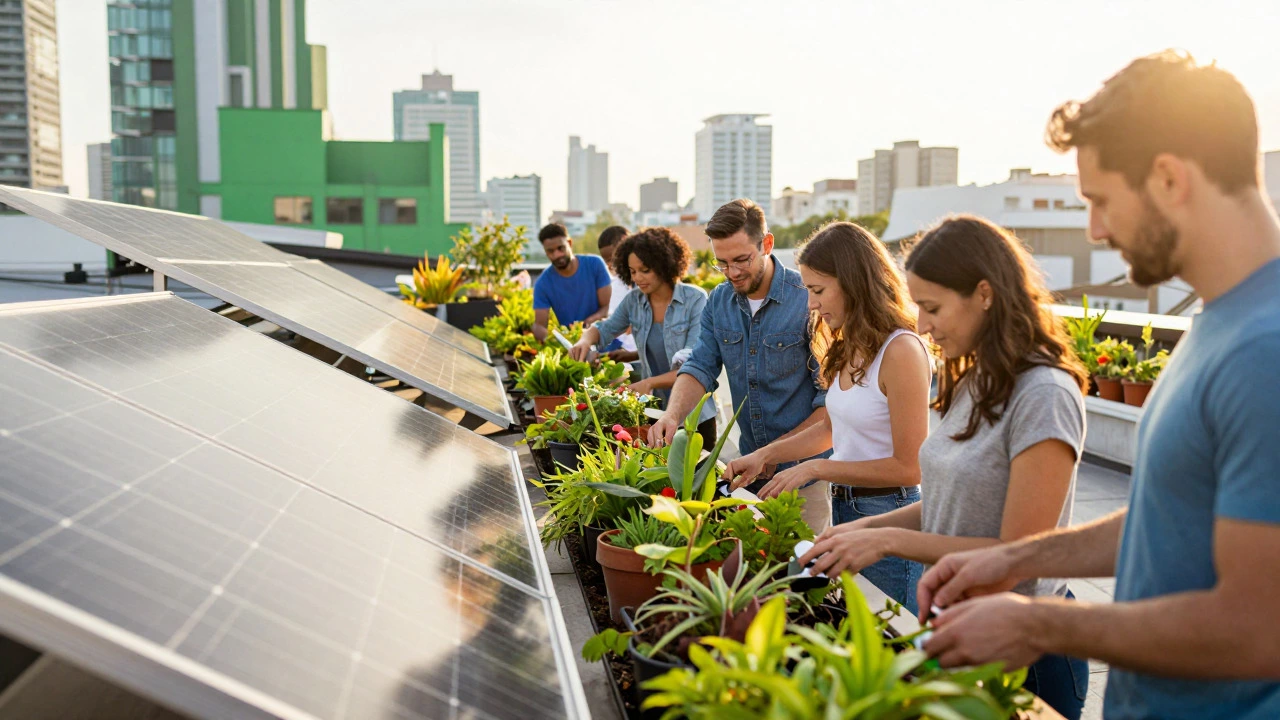 People installing solar panels on a green urban rooftop