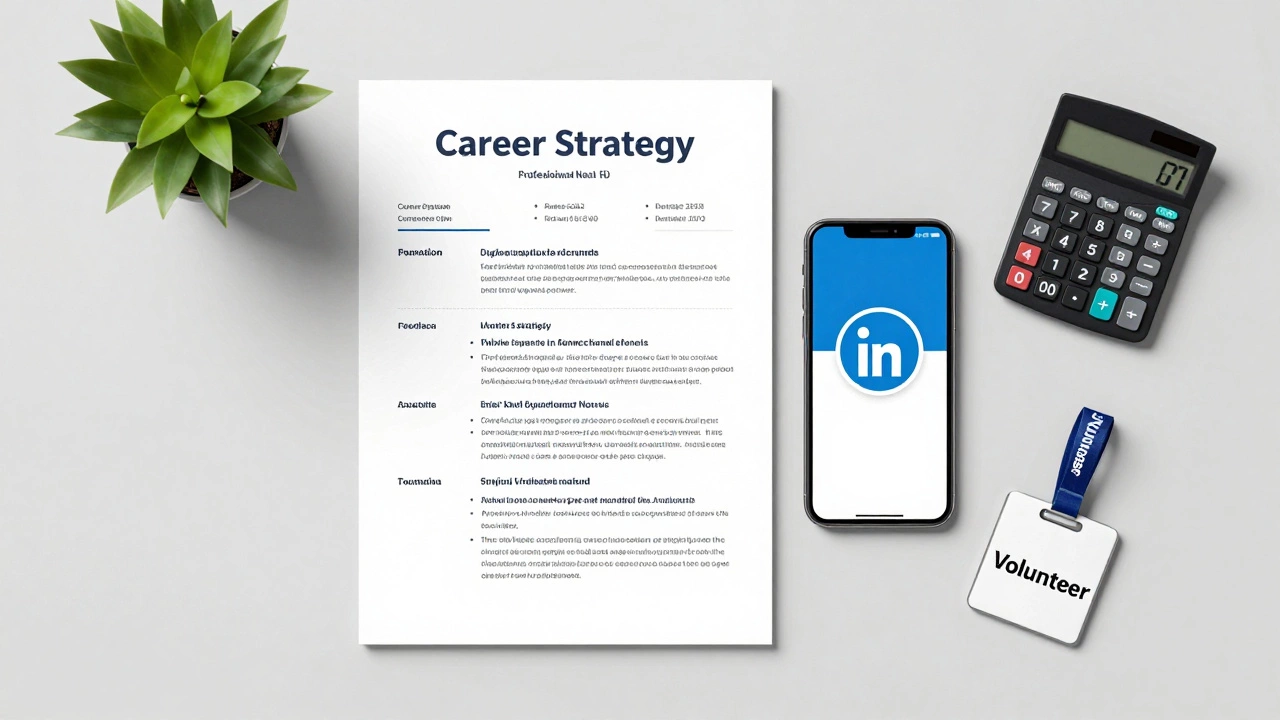 Resume and phone on desk with volunteer symbols