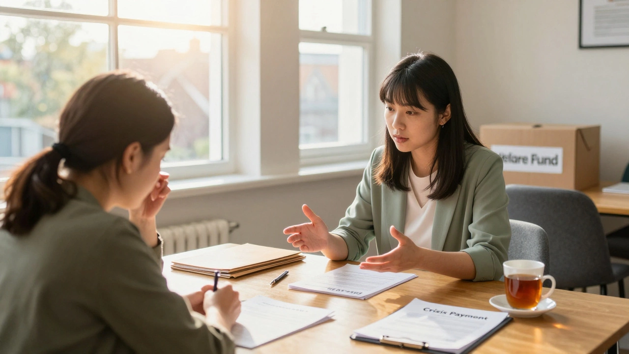 Social worker helping client with crisis payment forms in a warm office