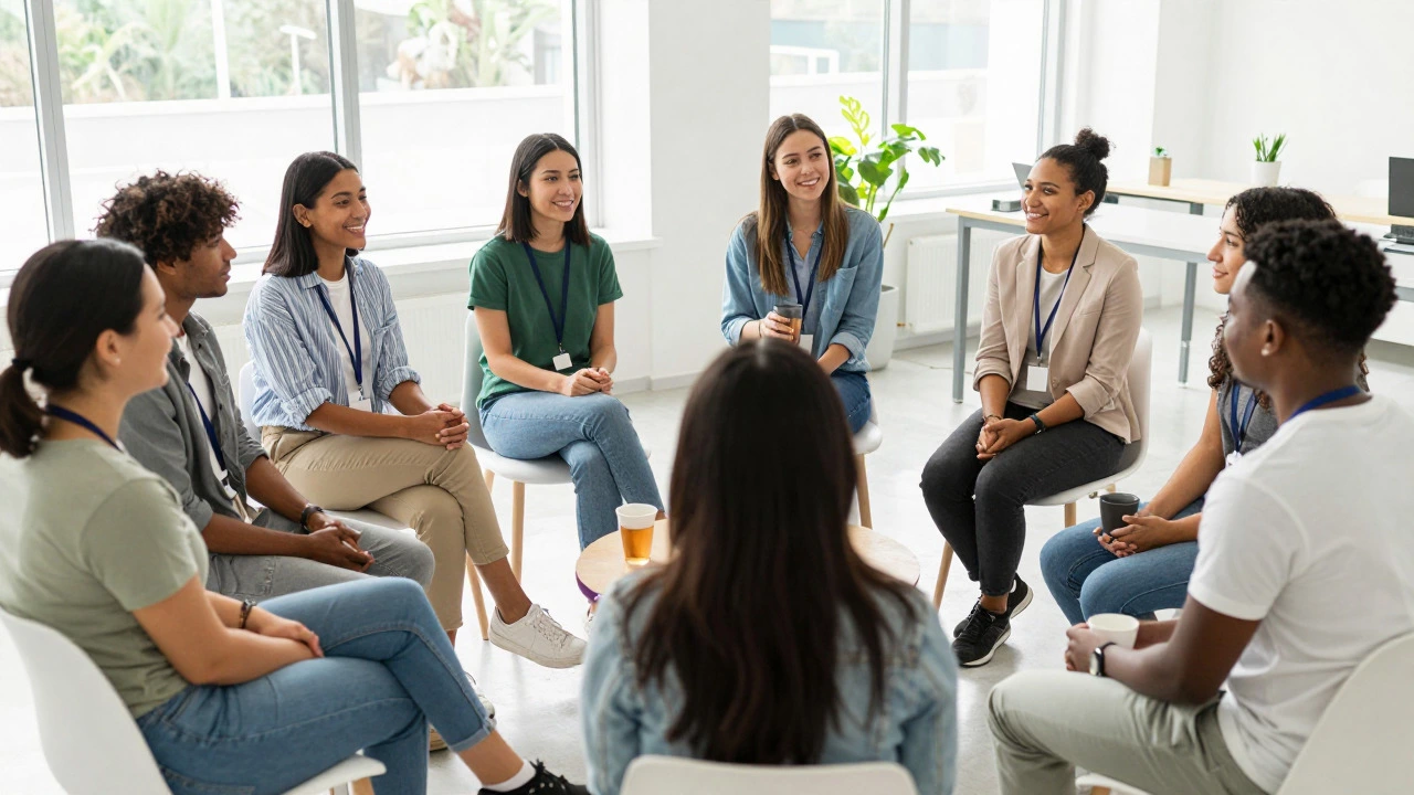 Supportive group of volunteers discussing workload in a circle