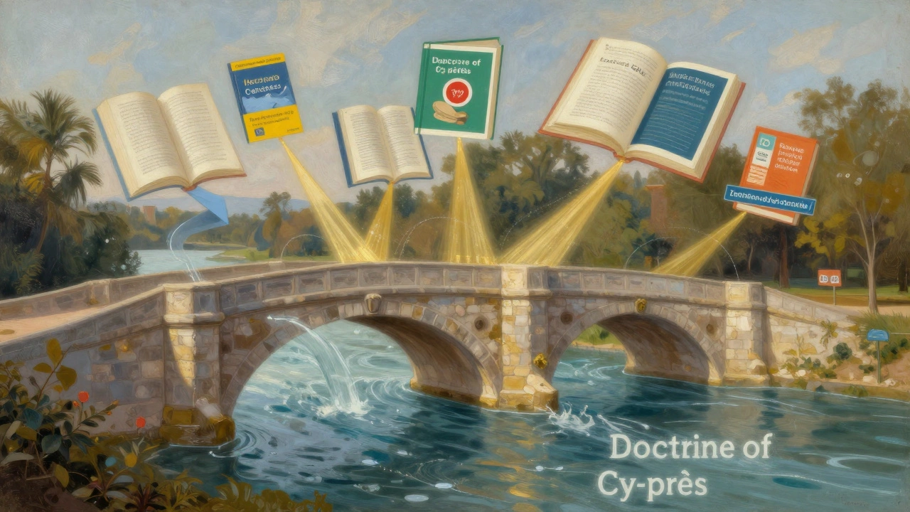 Surreal art showing an old bridge transforming into modern community aid via cy-pres doctrine.