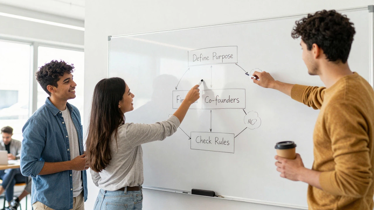 Three co-founders collaboratively planning club structure on whiteboard