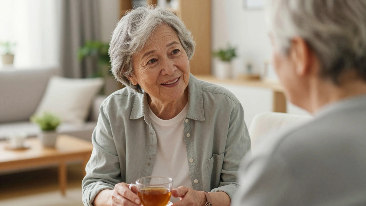 Volunteer listening empathetically to an elderly person over tea