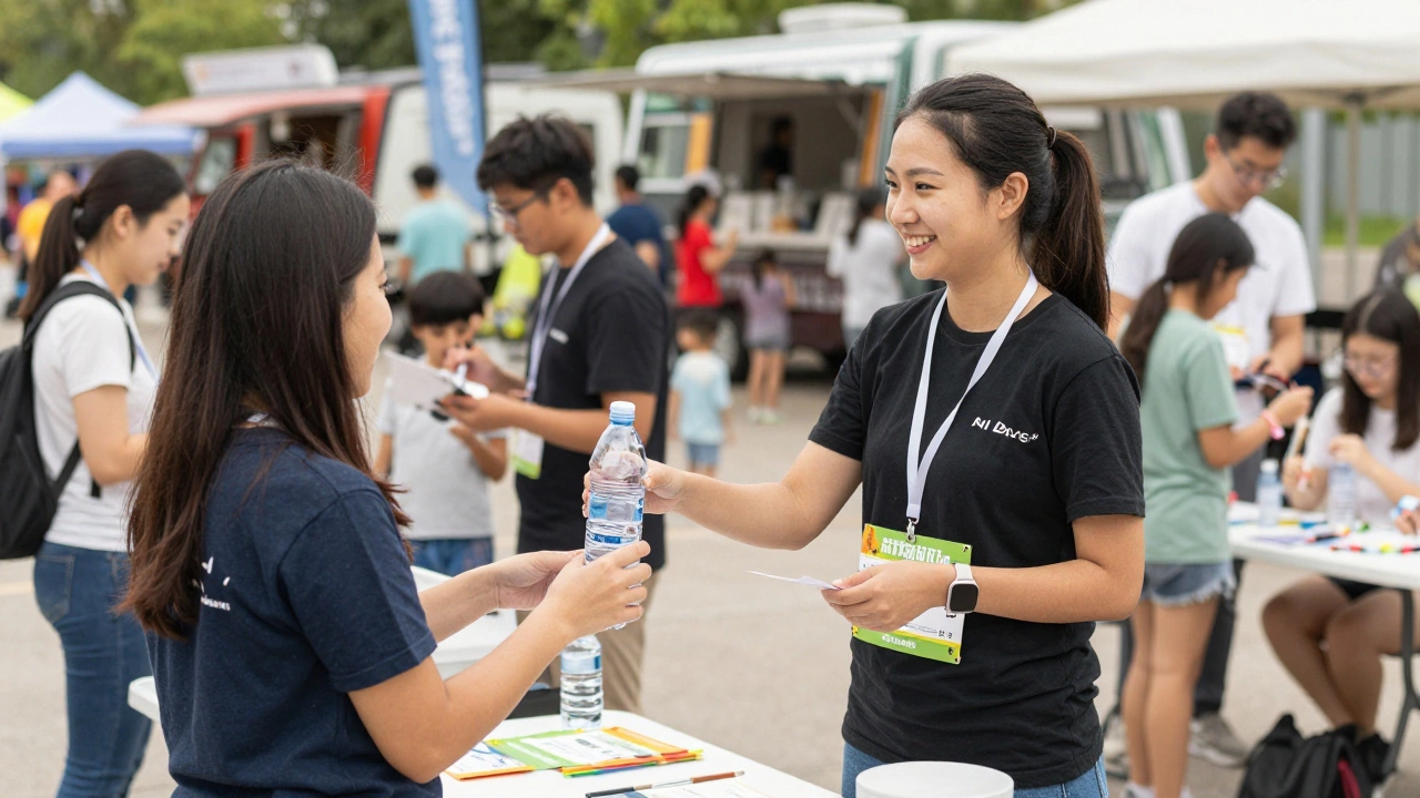 Volunteers managing registration and hydration stations at a charity event