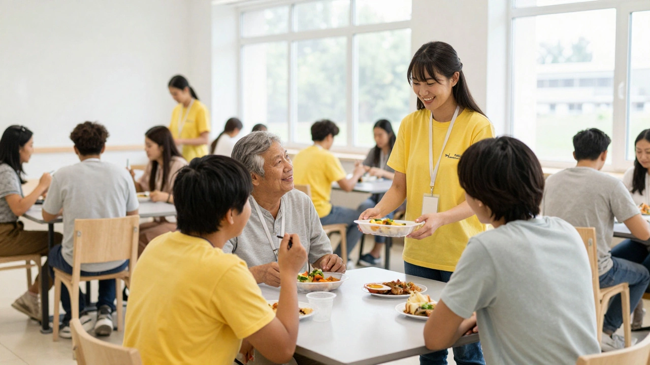 Volunteers serving meals in a clean, bright shelter dining hall