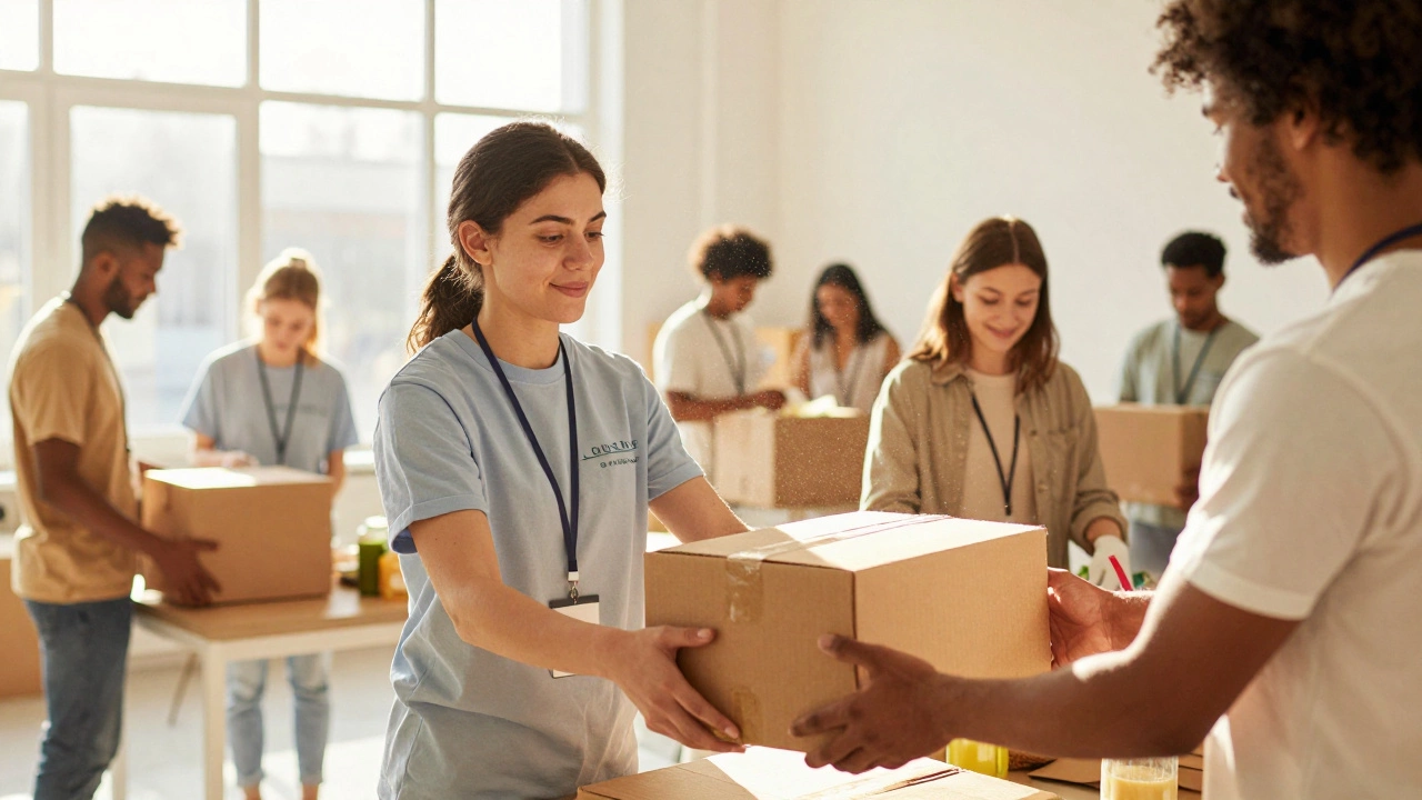Volunteers sorting food in a sunlit hall representing direct community impact.