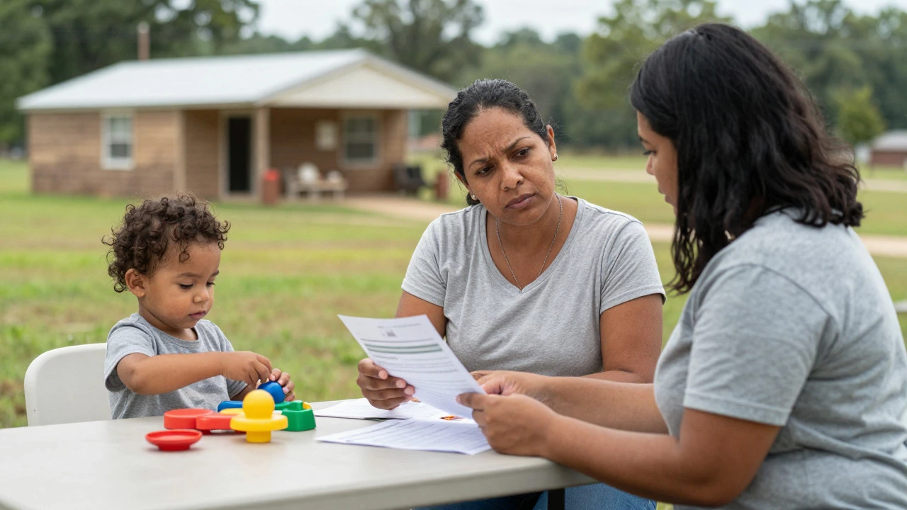 A mother reviewing documents with a caseworker while her child plays nearby outdoors