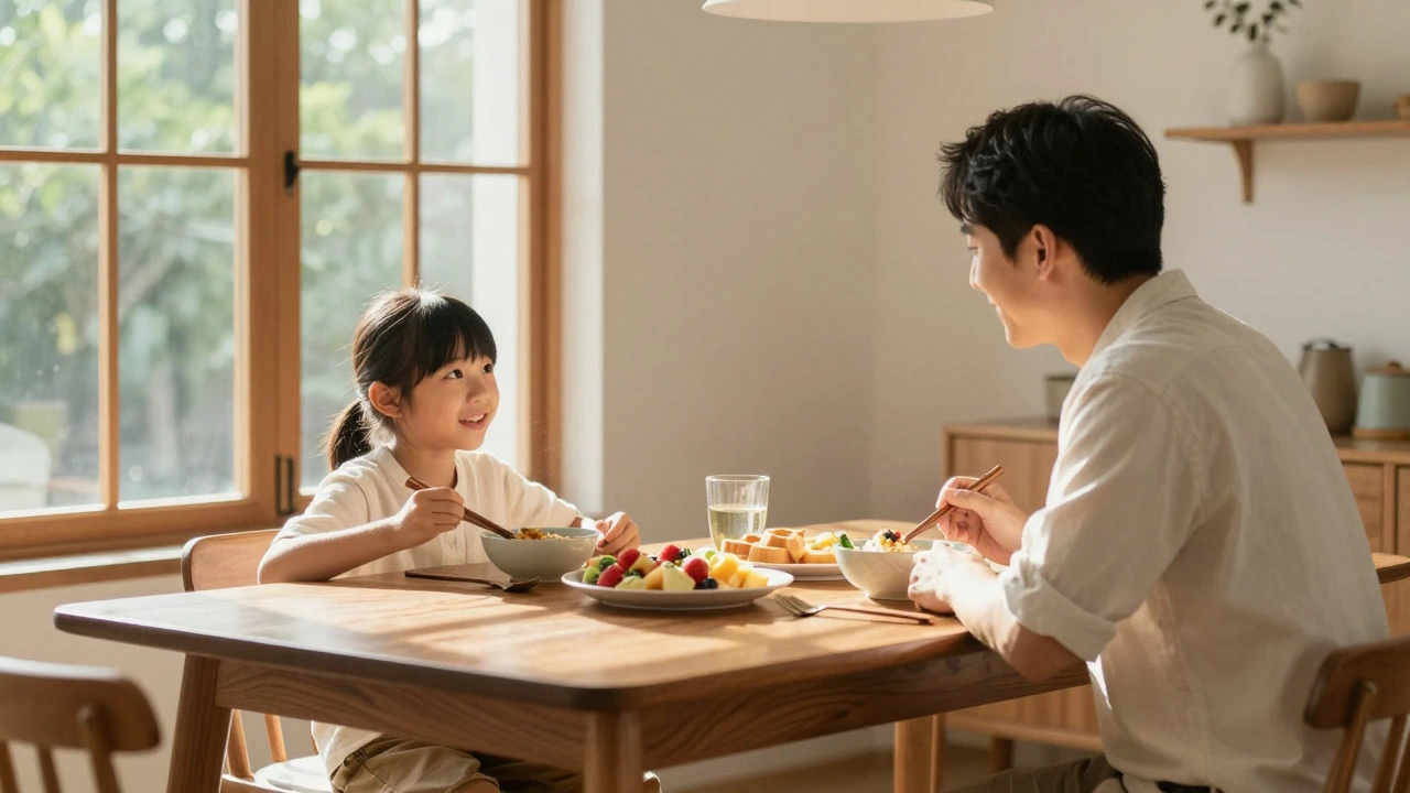 A parent and child having a calm conversation at a warmly lit family dinner table
