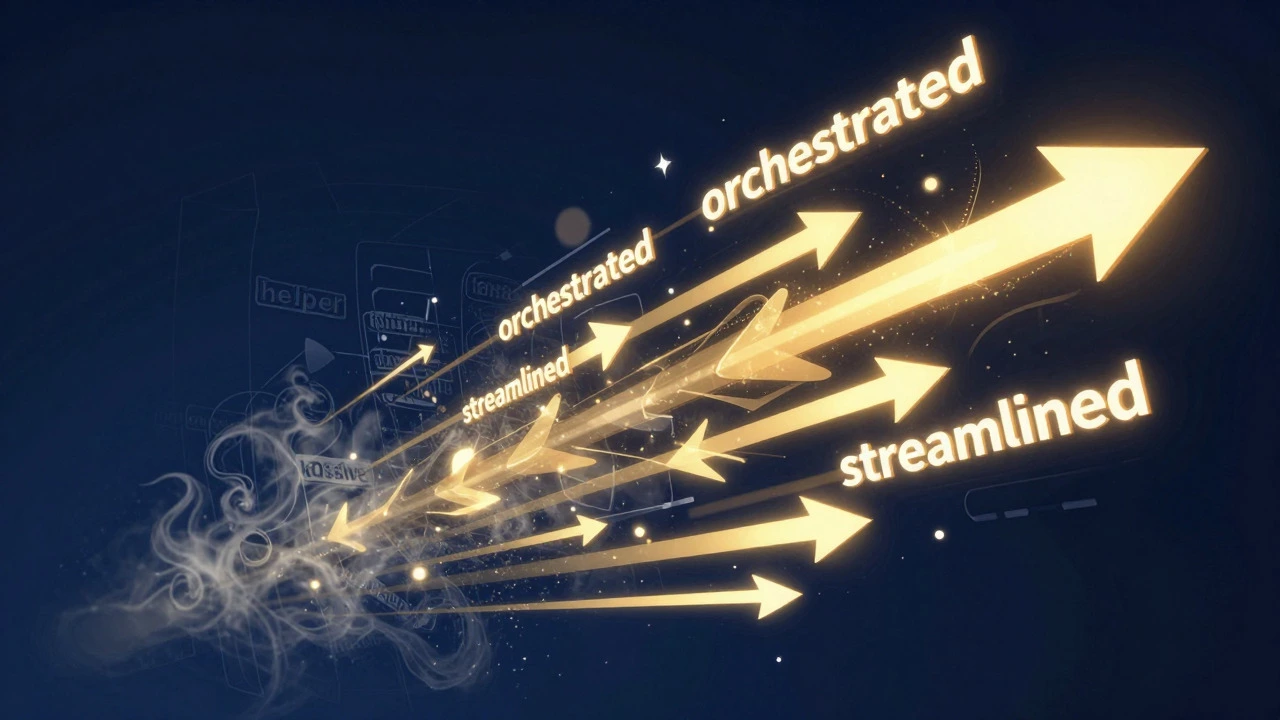 Abstract art showing weak words transforming into bold golden action arrows