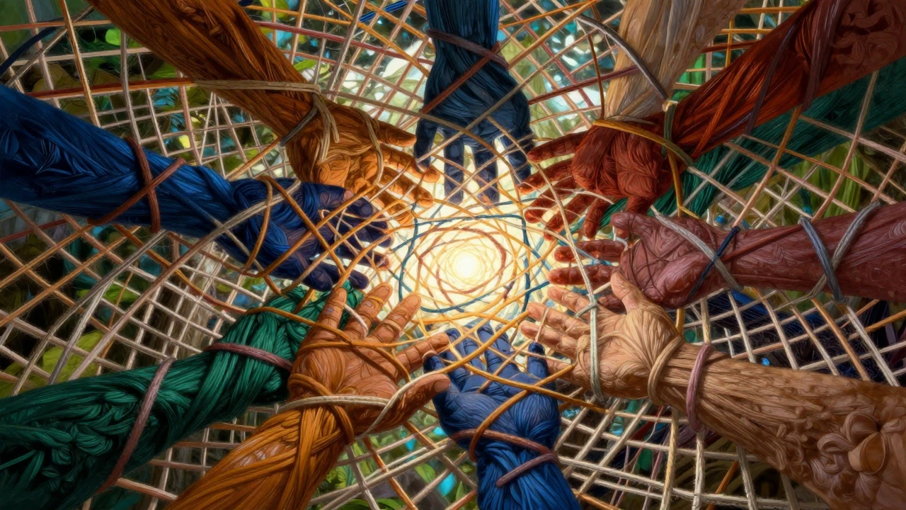 Abstract colorful woven threads forming a strong net symbolizing community care.