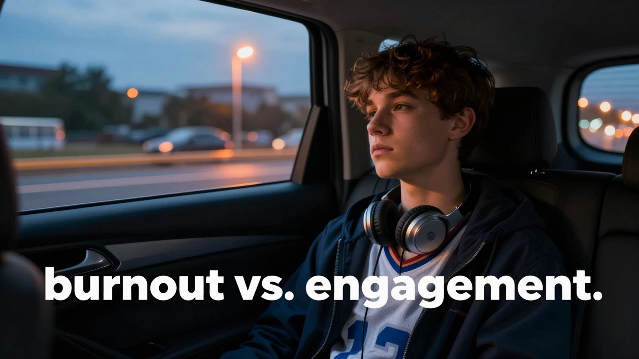An exhausted teenager sitting in the back of a car during an evening drive, looking tired