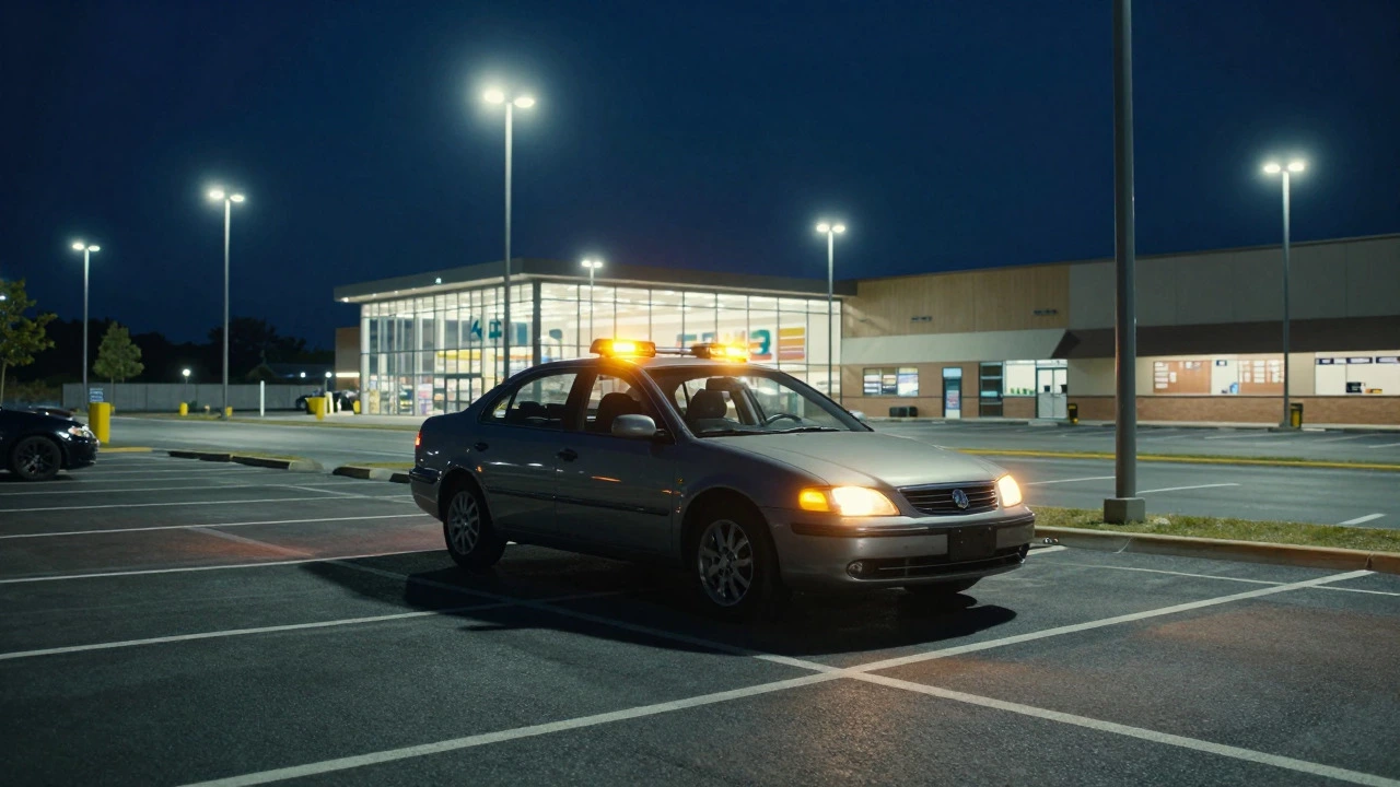 Car parked safely in a lit retail parking lot at night