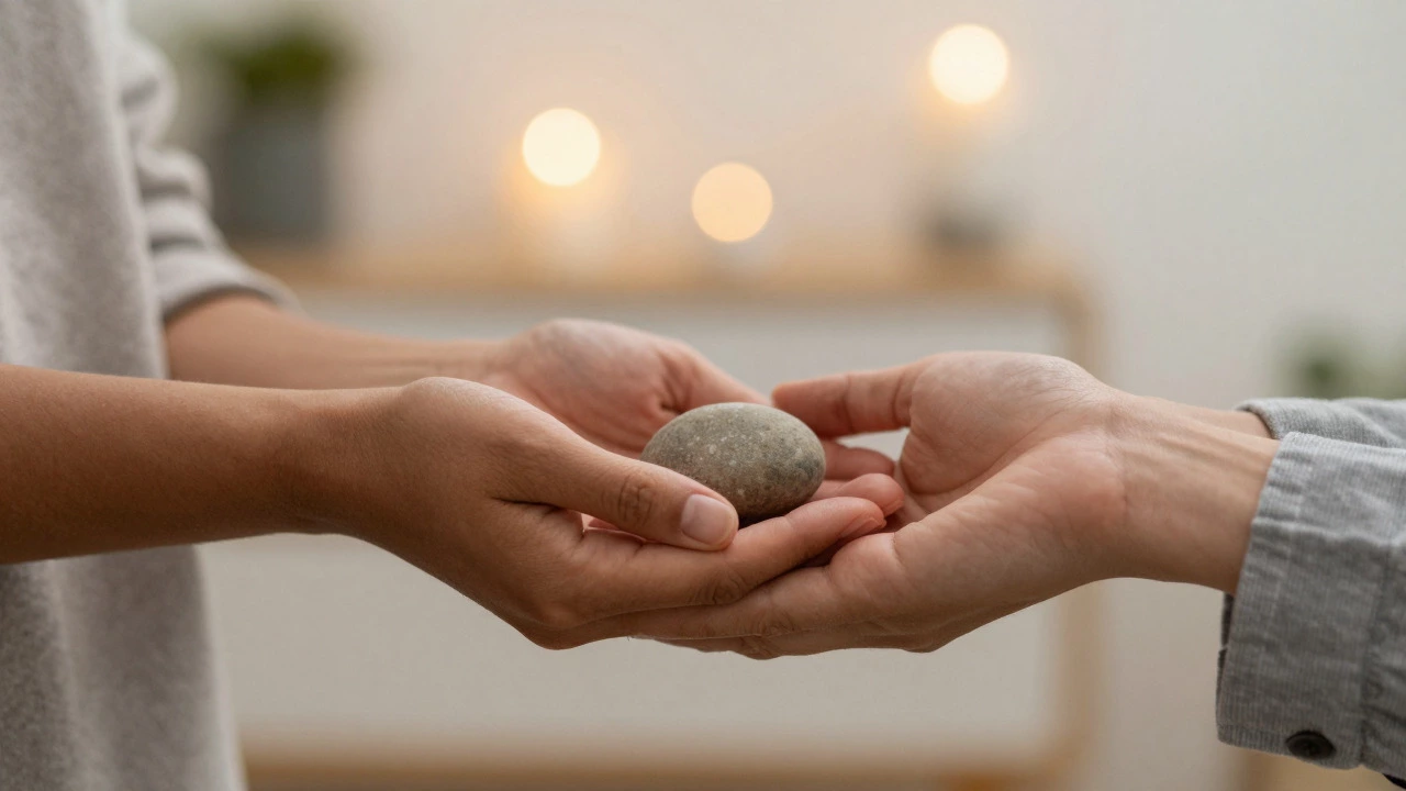 Close-up of hands passing a stone, representing respectful communication and turn-taking