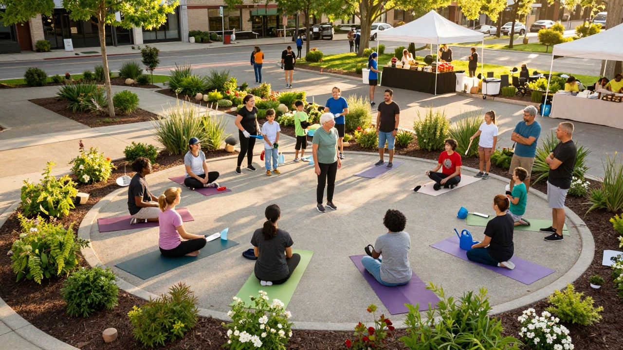 Community members enjoying yoga and gardening in a revitalized urban park