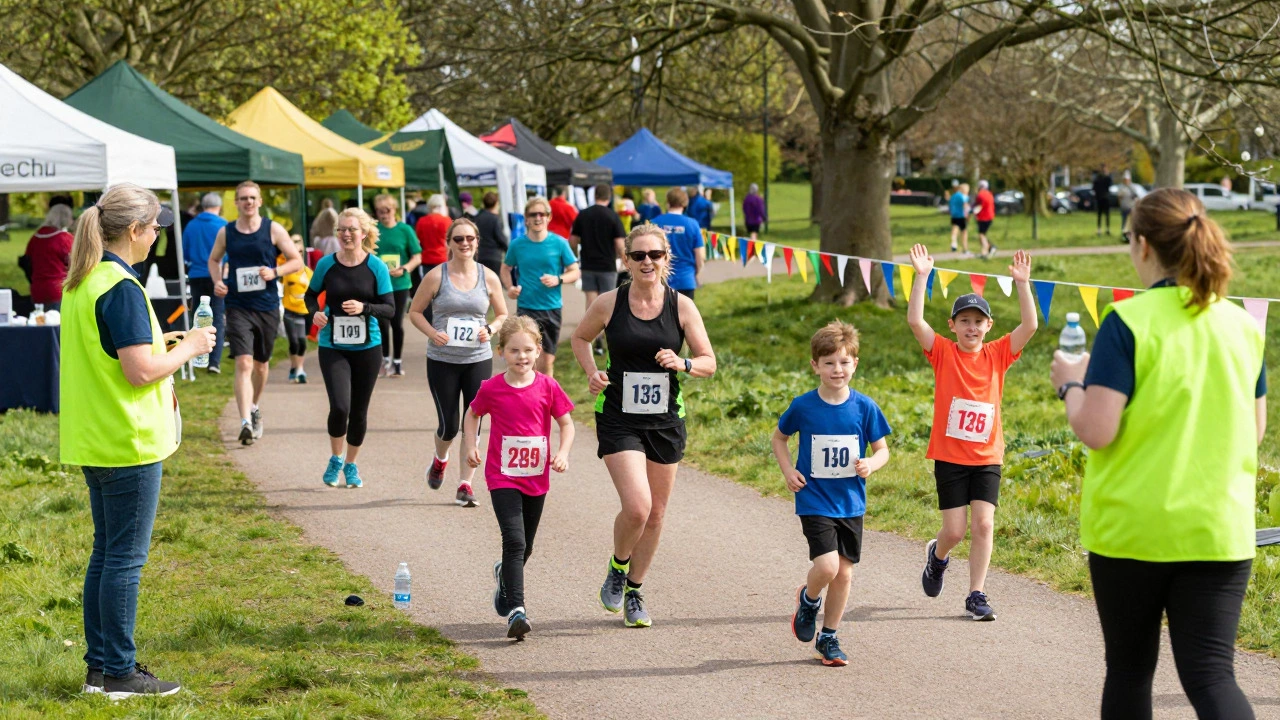 Community members participating in a lively outdoor charity fun run.