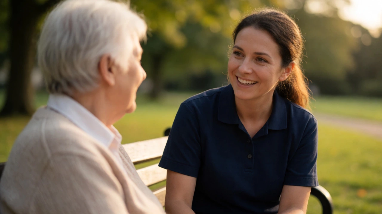 Community worker building trust through empathetic conversation with an individual in a park.
