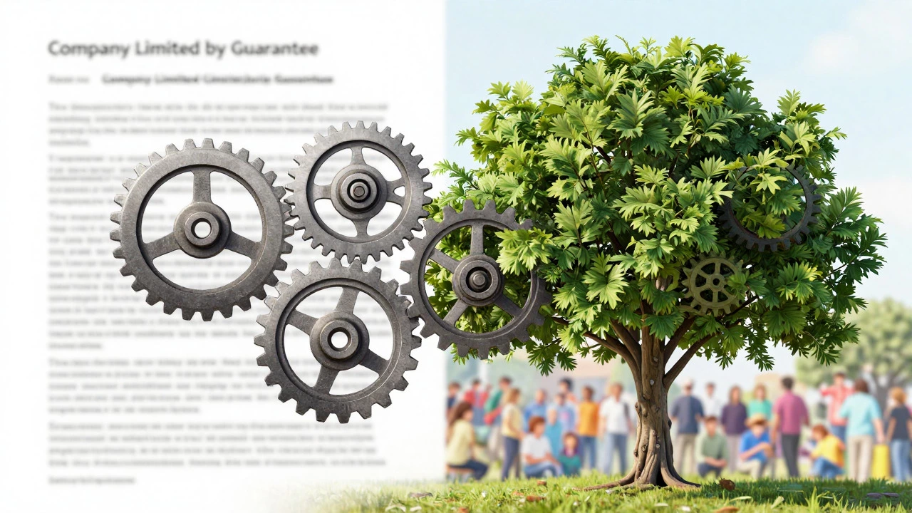 Complex gears turning into a tree, representing company structure and growth