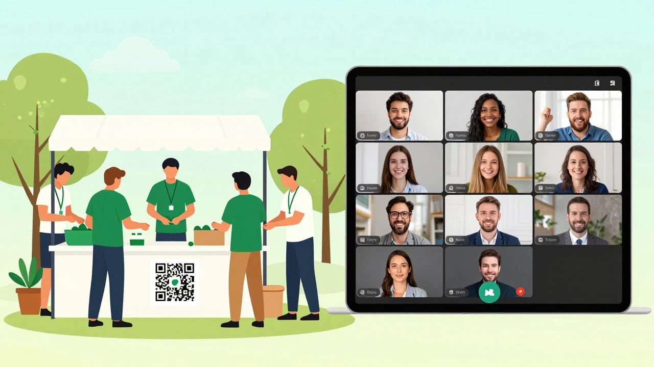 Conceptual art showing hybrid charity events with tech and sustainability.
