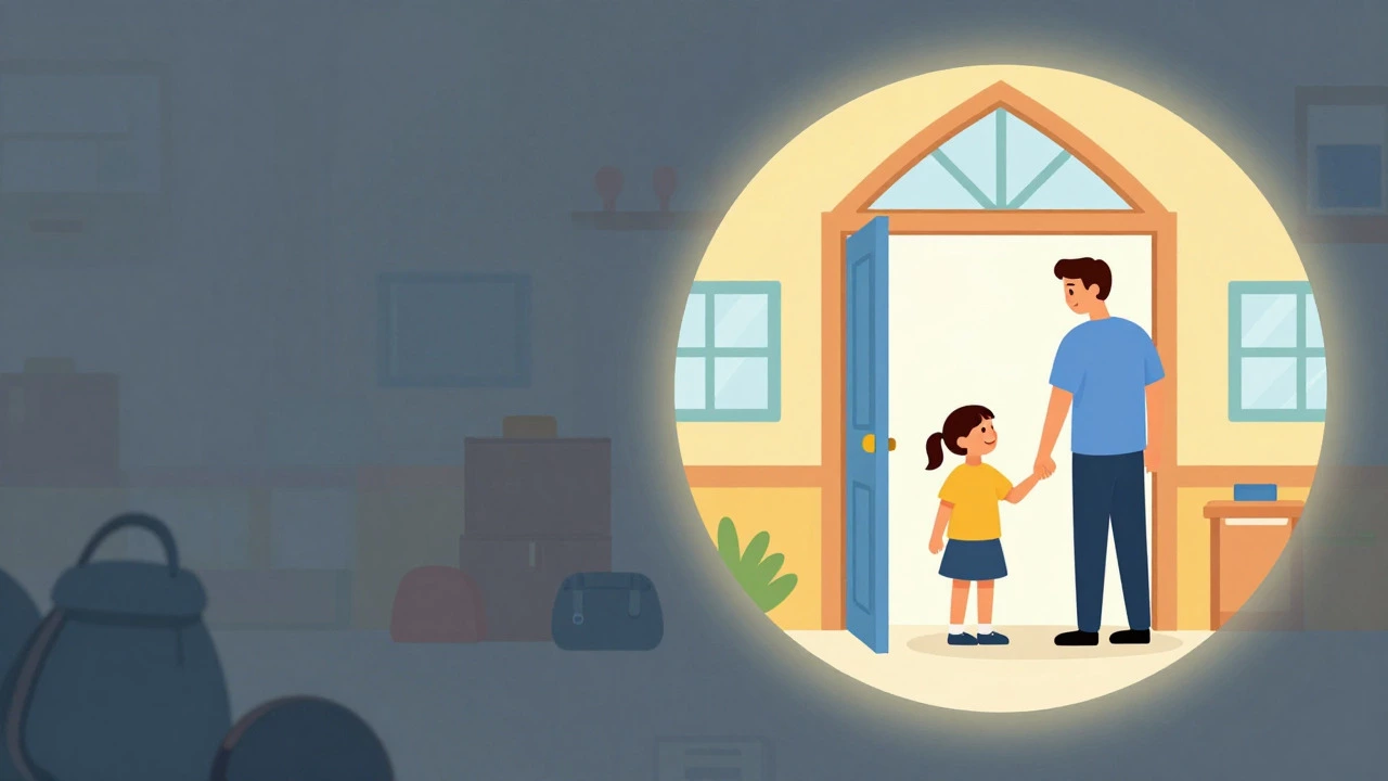 Conceptual image showing a child moving from instability to a stable, colorful school environment