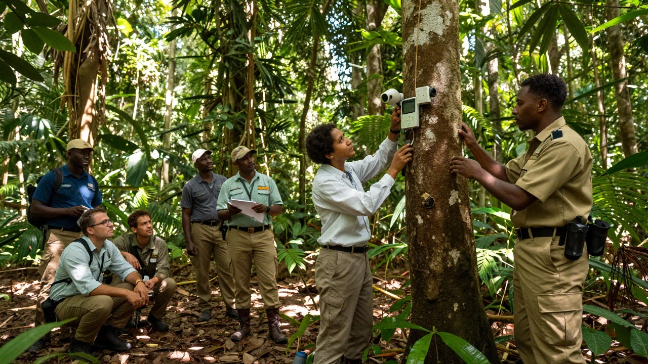 Conservationists installing monitoring equipment in a lush rainforest